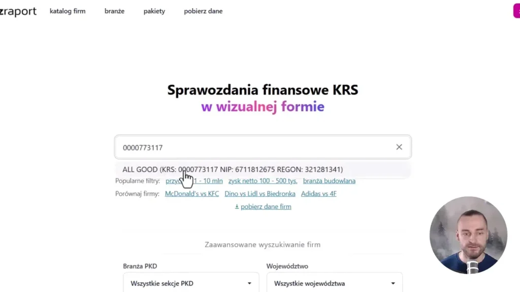 Zrzut ekranu przedstawiający możliwości sprawdzenia sprawozdania finansowego na podstawie numeru KRS w Bizraport