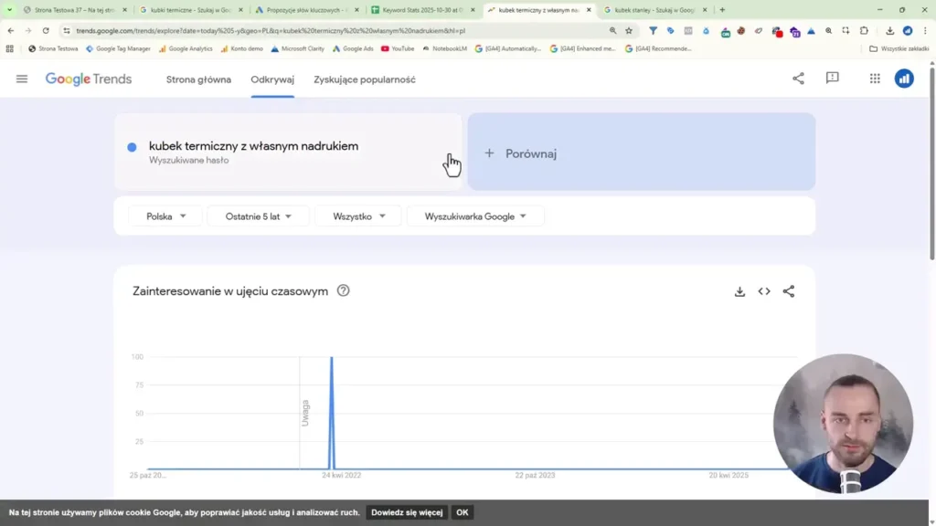 Zrzut ekranu przedstawiający brak wyników dla przykładowej frazy w Google Trends