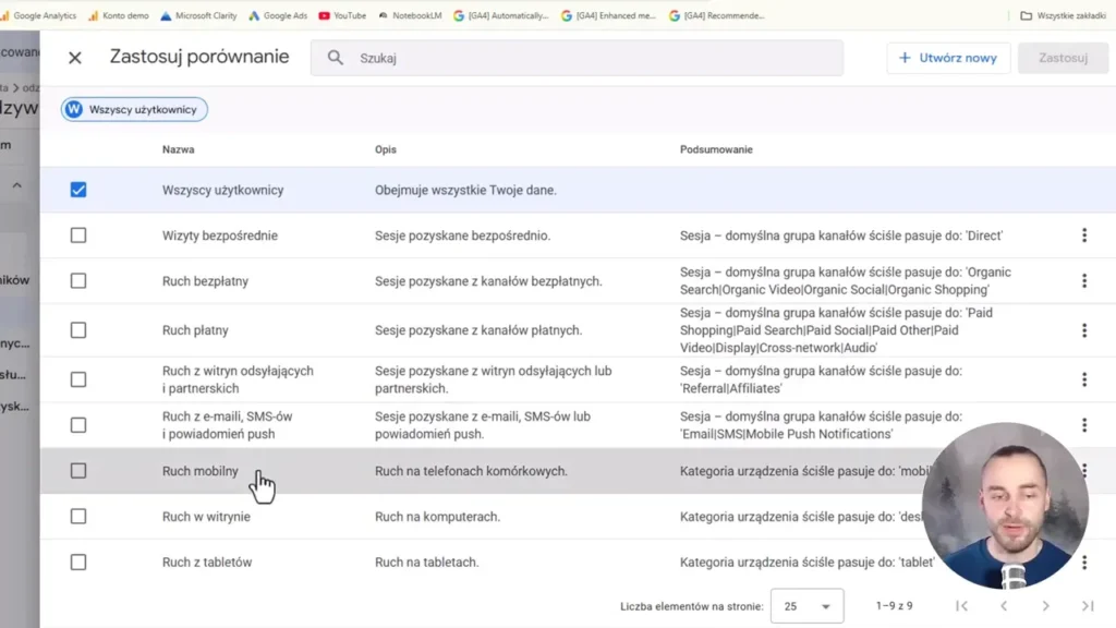 Zrzut ekranu przedstawiający opcje porównania ruchu w Google Analytics 4