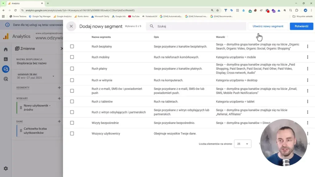 Zrzut ekranu przedstawiający dodawanie nowego segmentu w Google Analytics 4