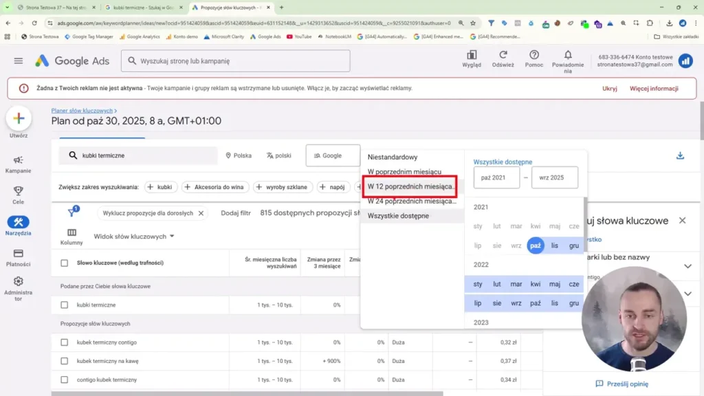 Zrzut ekranu przedstawiający ustawienia dat w Planerze słów kluczowych w Google Ads