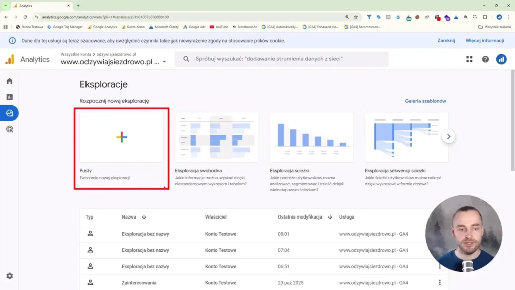 Zrzut ekranu przedstawiający tworzenie nowej eksploracji w Google Analytics 4
