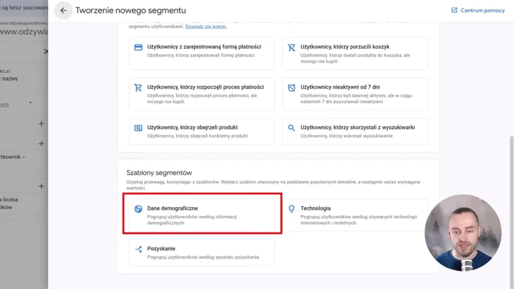 Zrzut ekranu przedstawiający tworzenie segmentu użytkowników według danych demograficznych w Google Analytics 4