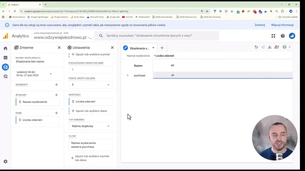 Zrzut ekranu przedstawiający eksplorację zdarzeń w Google Analytics 4