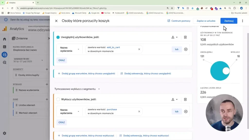 Zrzut ekranu przedstawiający segment użytkowników, którzy porzucili koszyk w Google Analytics 4
