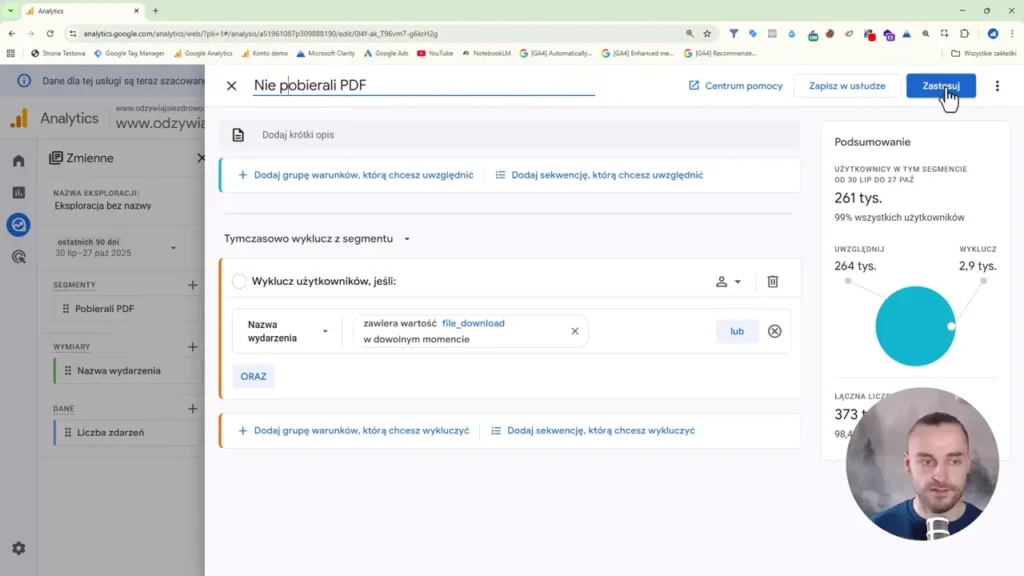 Zrzut ekranu przedstawiający tworzenie segmentu użytkowników nie pobierających PDF w Google Analytics