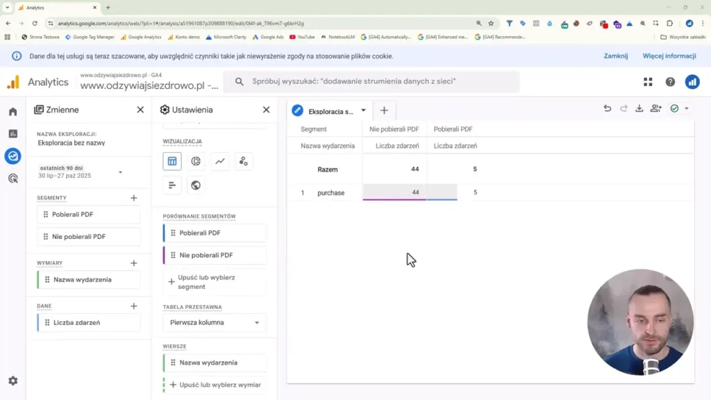 Zrzut ekranu przedstawiający analizę zakupów wg segmentów z pobraniami pliku w Google Analytics 4