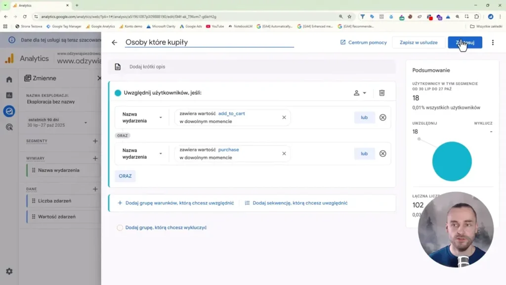 Zrzut ekranu przedstawiający segment użytkowników którzy dokonali zakupu w Google Analytics 4
