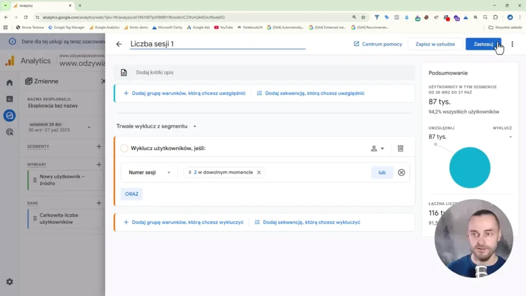 Zrzut ekranu przedstawiający segmentację użytkowników o liczbie sesji 1 w Google Analytics 4
