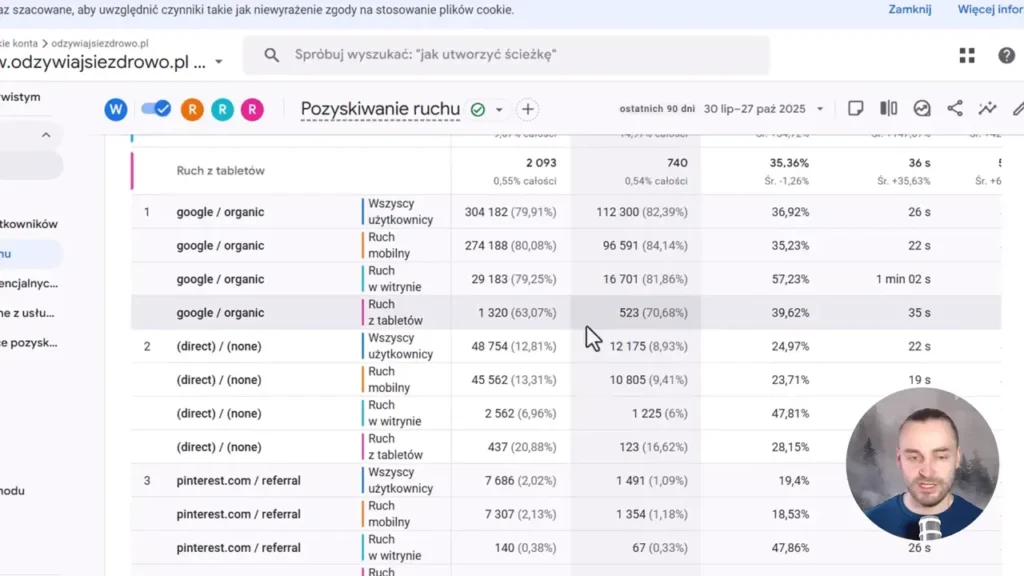 Zrzut ekranu przedstawiający analizę źródeł ruchu z uwzględnieniem porówania w Google Analytics 4