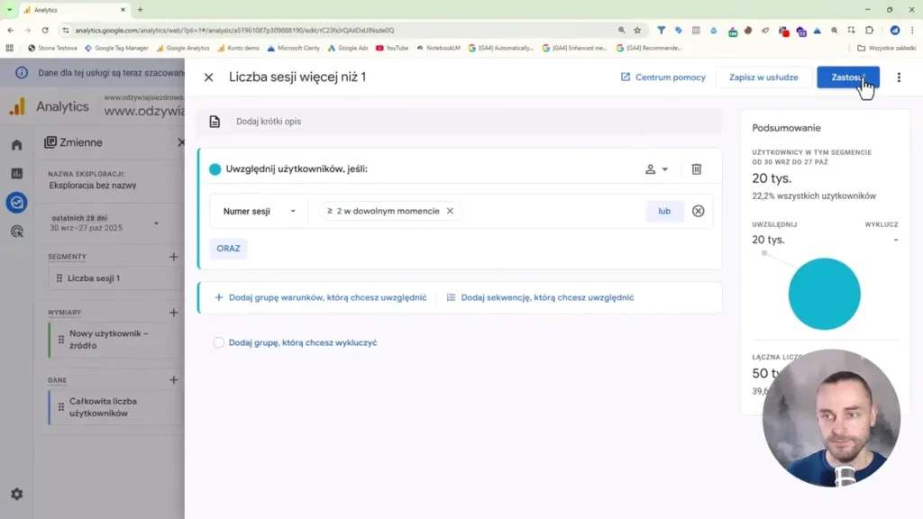 Zrzut ekranu przedstawiający segmentację użytkowników o liczbie sesji więcej niż 1 w Google Analytics 4