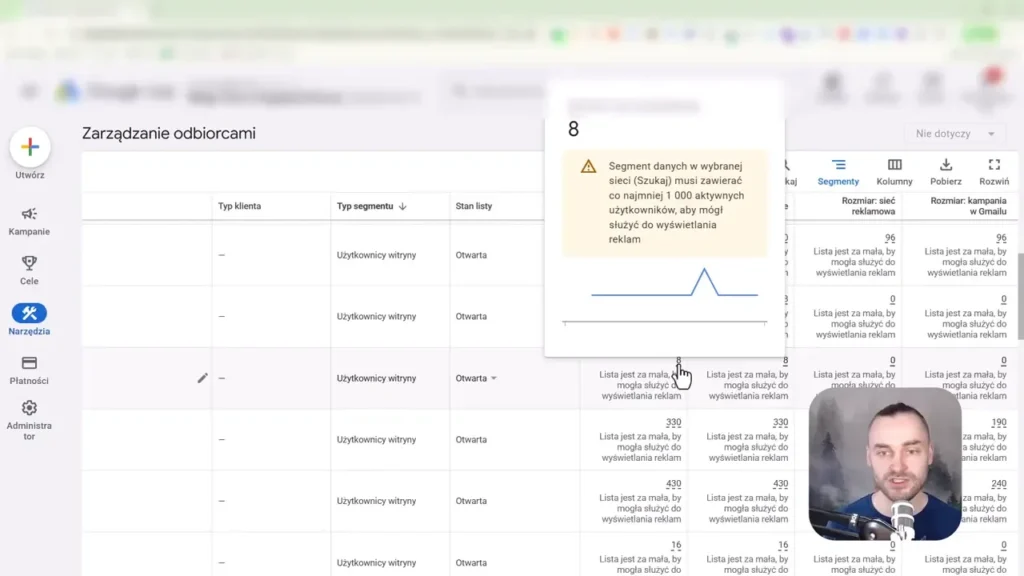 Zrzut ekranu przedstawiający liczebności grup odbiorców w Google Ads