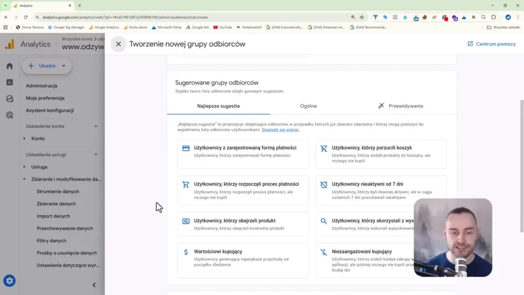Zrzut ekranu przedstawiający tworzenie nowej grupy odbiorców w Google Analytics