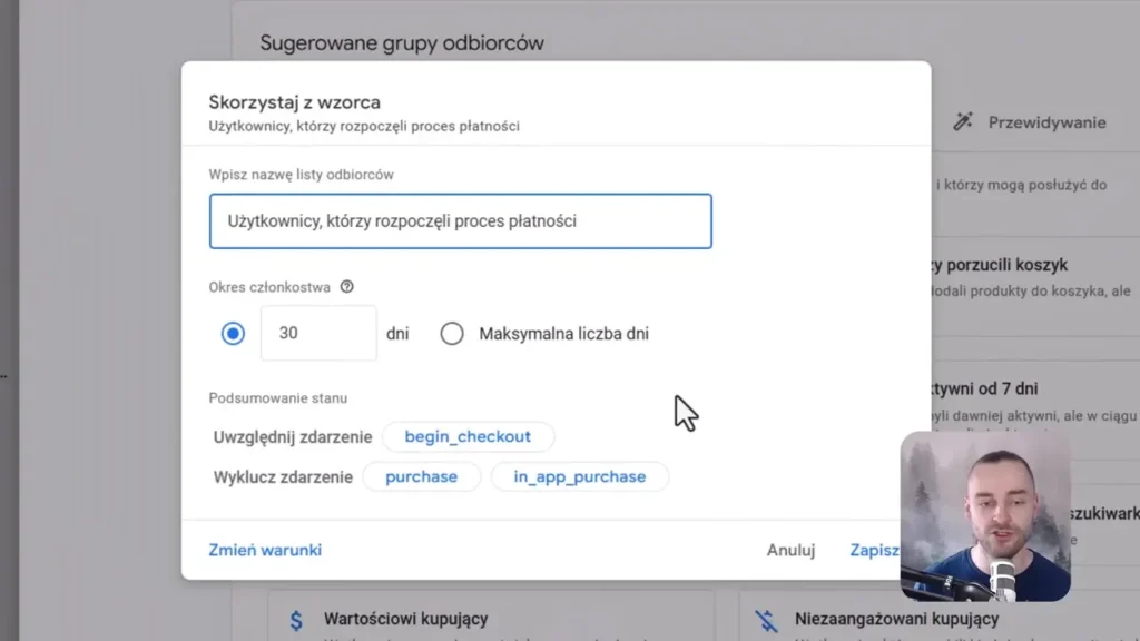 Zrzut ekranu przedstawiający konfigurację grupy odbiorców z szablonu w Google Analytics 4