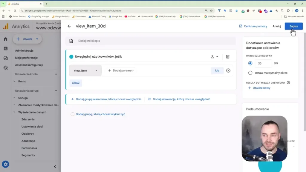 Zrzut ekranu przedstawiający ustawienia przykładowej odbiorców w Google Analytics 4