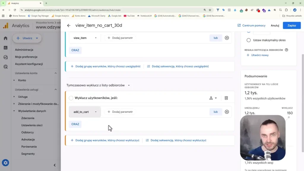 Zrzut ekranu przedstawiający ustawienia przykładowej odbiorców w Google Analytics 4