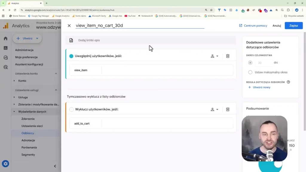 Zrzut ekranu przedstawiający możliwość edycji nazwy wcześniej utworzonej listy odbiorców w Google Analytics 4