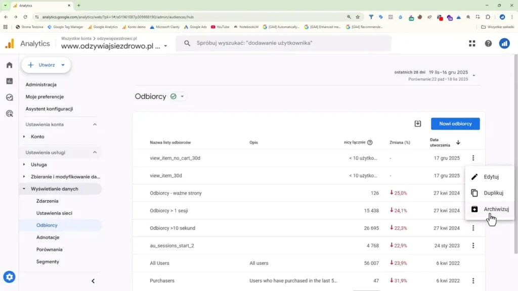 Zrzut ekranu przedstawiający możliwośc archiwizacji listy odbiorców w Google Analytics 4