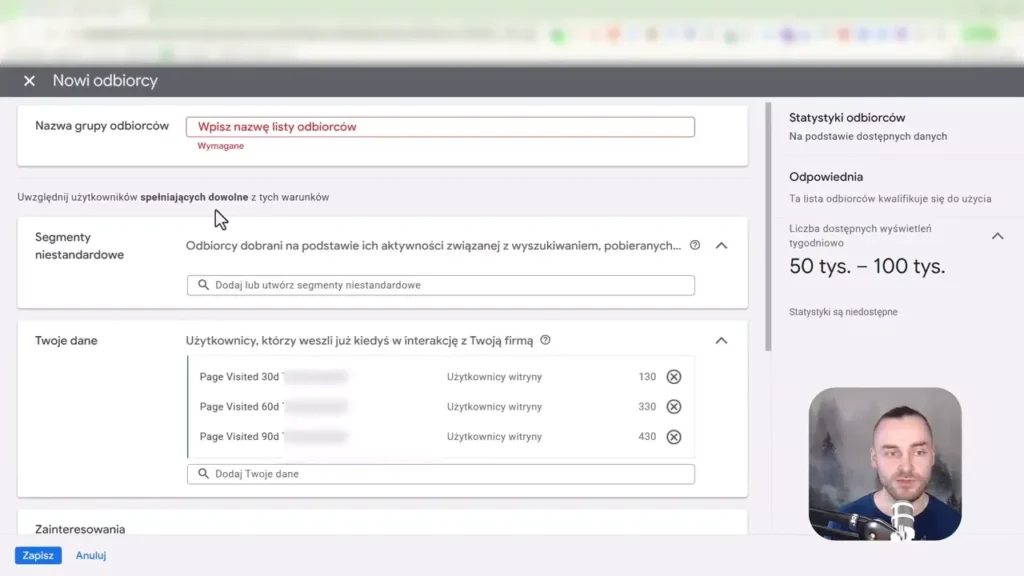 Zrzut ekranu przedstawiający tworzenie nowych grup odbiorców w Google Ads
