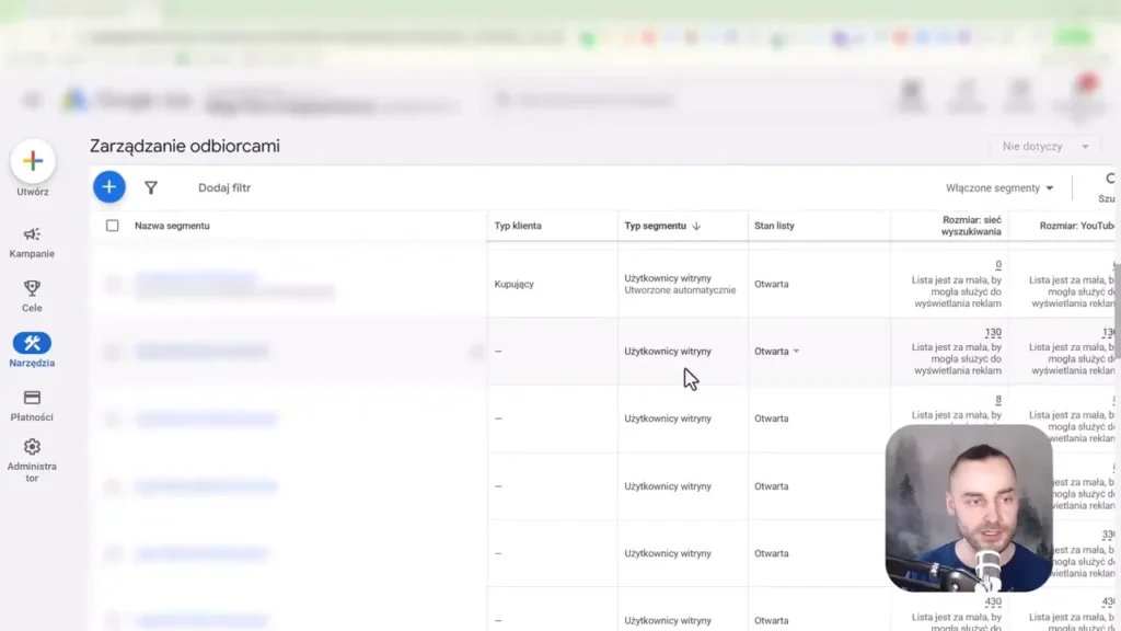 Zrzut ekranu przedstawiający zarządzanie odbiorcami w Google Ads