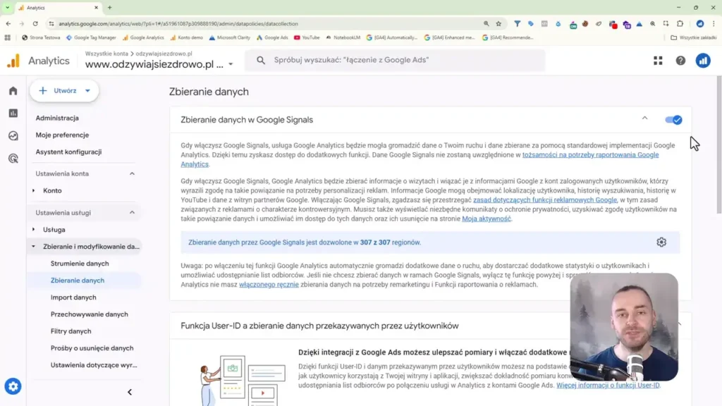 Zrzut ekranu przedstawiający ustawienia zbierania danych w Google Signals w Google Analytics