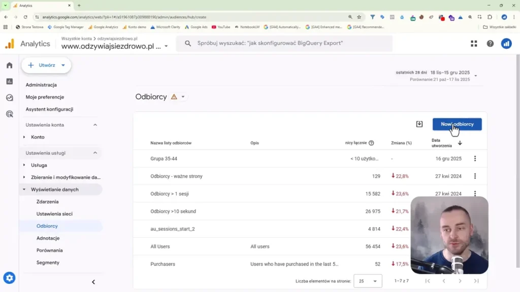 Zrzut ekranu przedstawiający sekcję "Odbiorcy" w Google Analytics 4