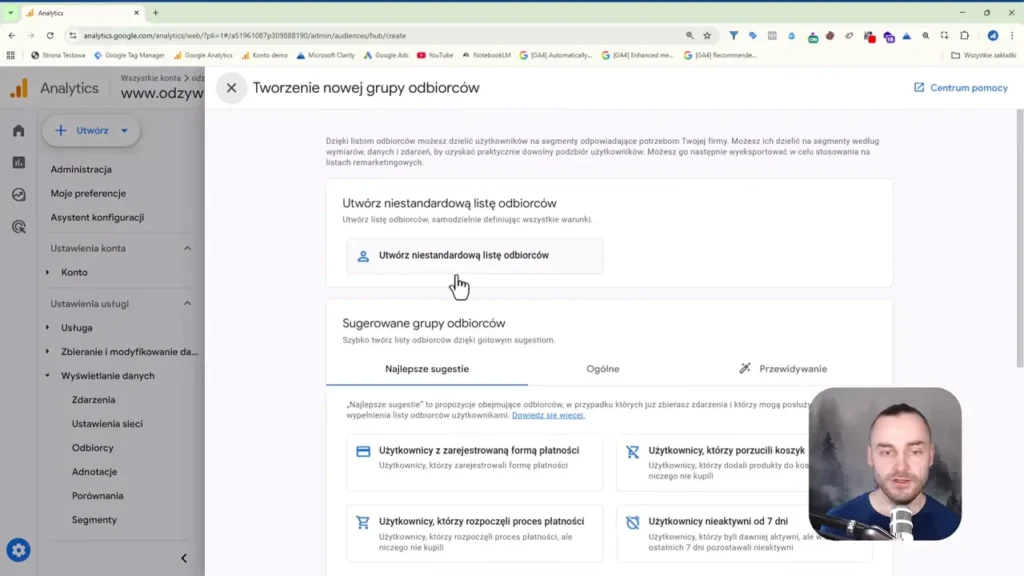 Zrzut ekranu przedstawiający możliwość tworzenia niestandardowej listy odbiorców w Google Analytics 4