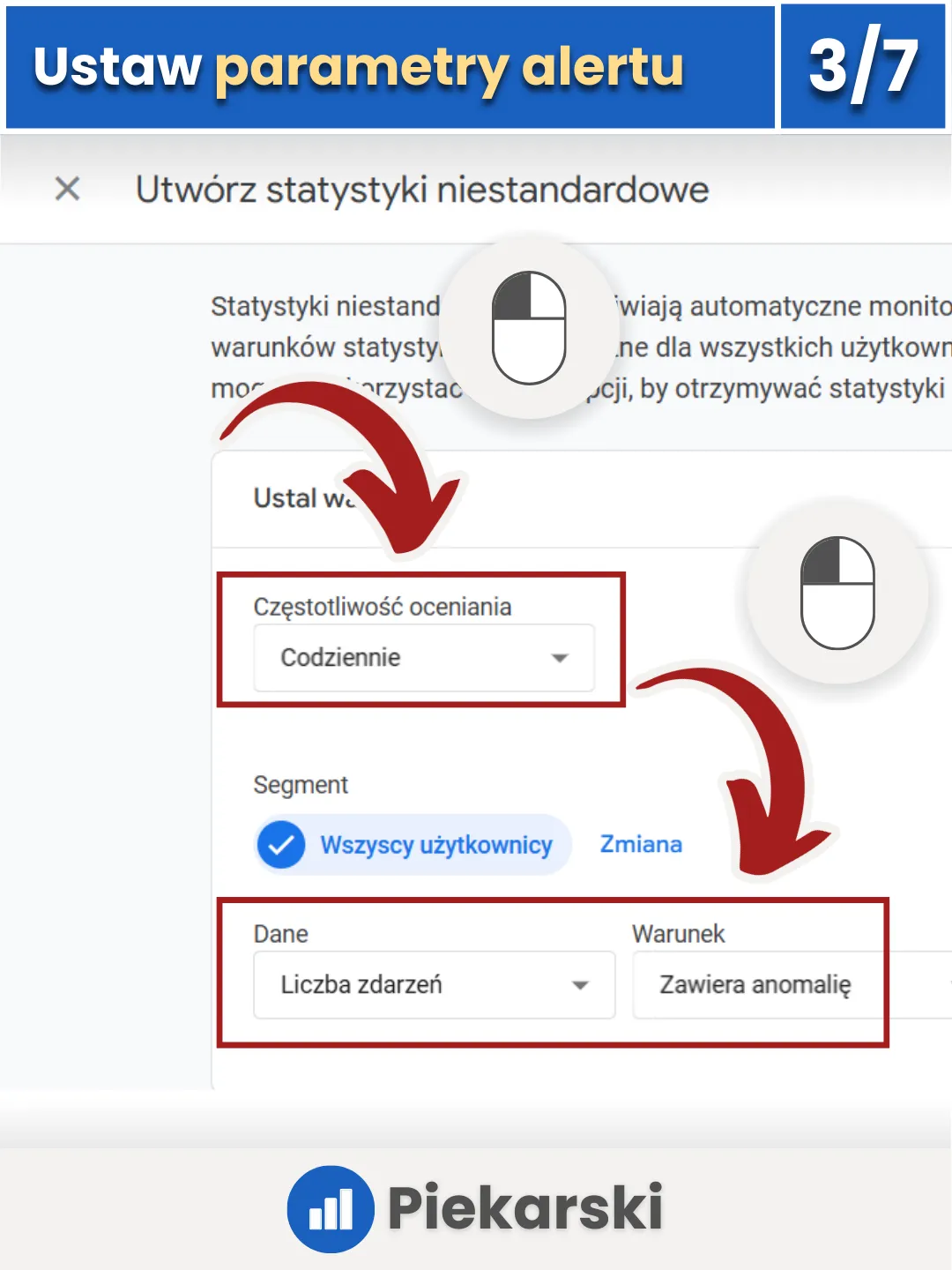 Zrzut ekranu przedstawiający ustawienie przykładowego alertu w Google Analytics 4
