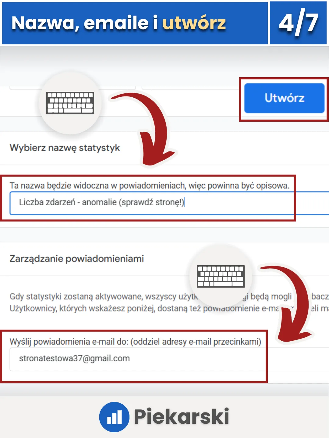 Zrzut ekranu przedstawiający nazwanie oraz przypisanie adresów e-mail do alertu w Google Analytics 4