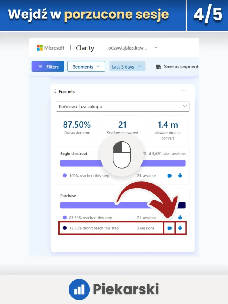 Zrzut ekranu przedstawiający możliwość analizy porzuconych sesji w Microsoft Clarity
