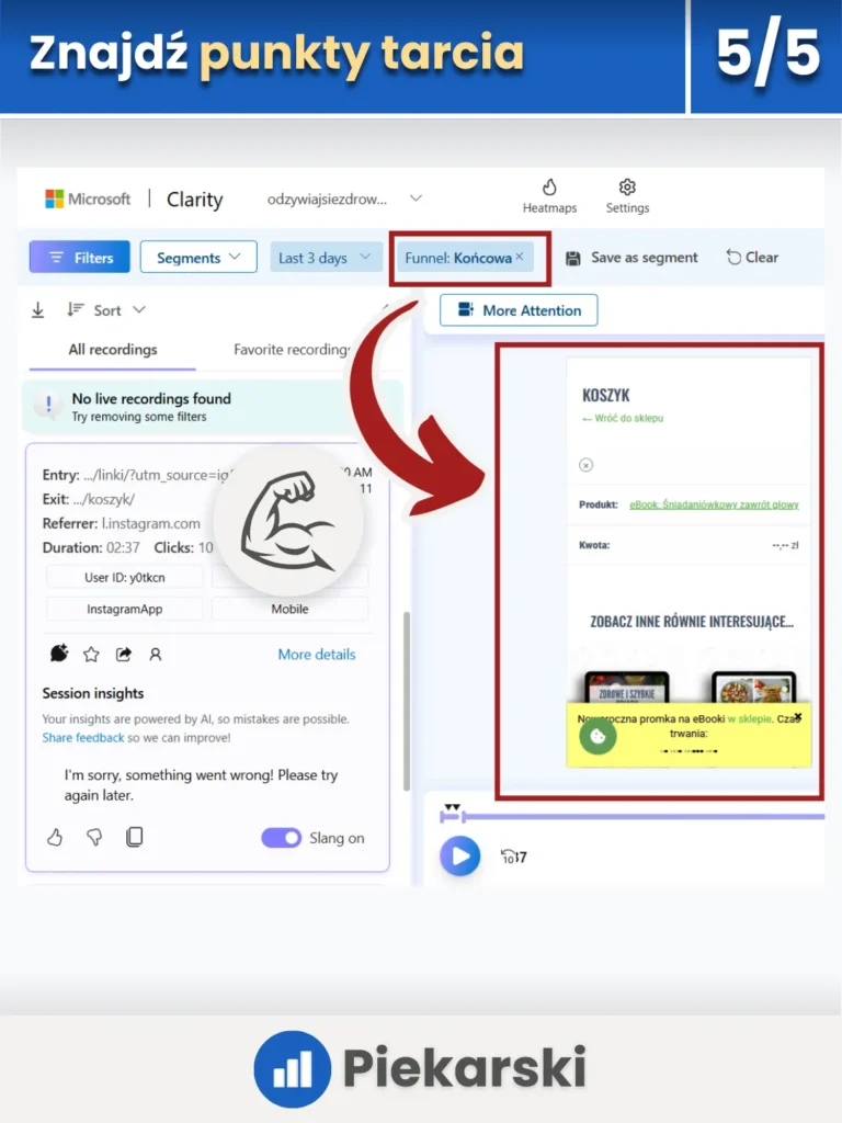 Zrzut ekranu przedstawiający możliwość znalezienia punktów tarcia w lejku zakupowym w Microsoft Clarity