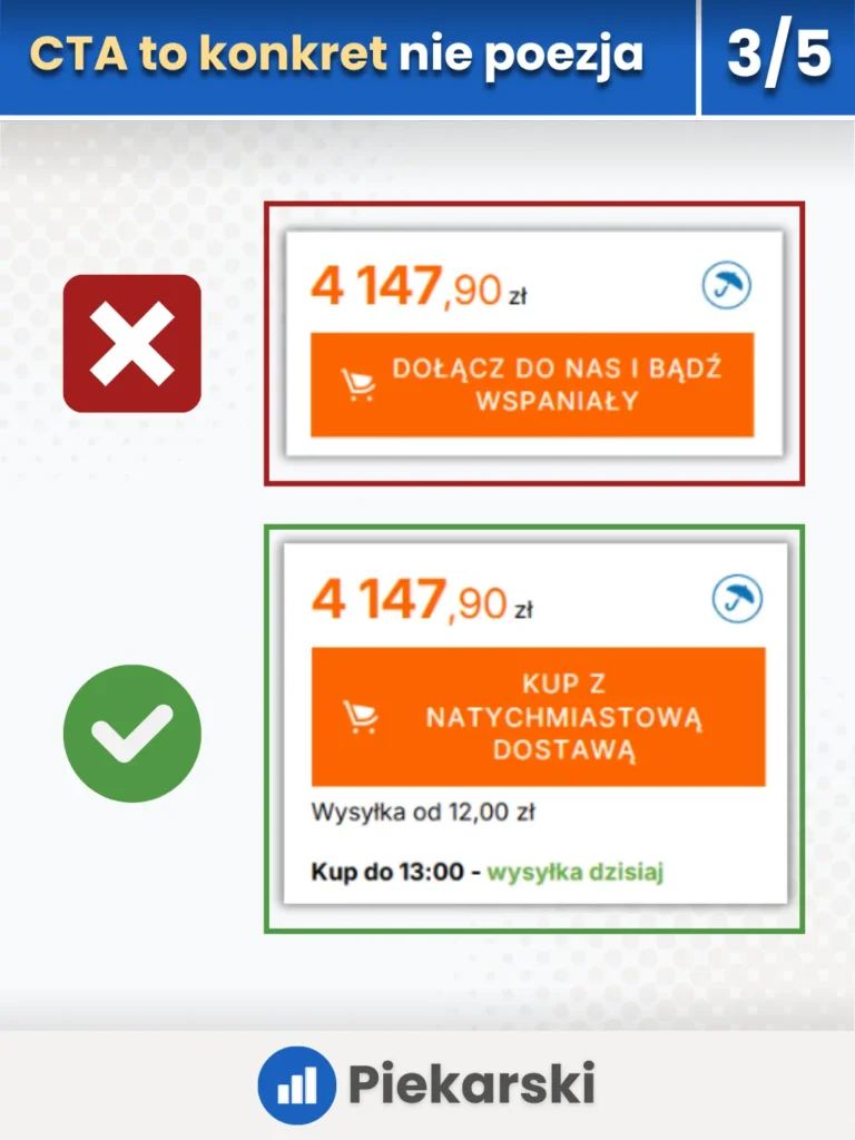 Zrzuty ekranu przedstawiający, że lepszym rozwiązaniem jest komunikowanie w wezwaniu do działania na stronie konkretnych, odczuwalnych korzyści dla klienta