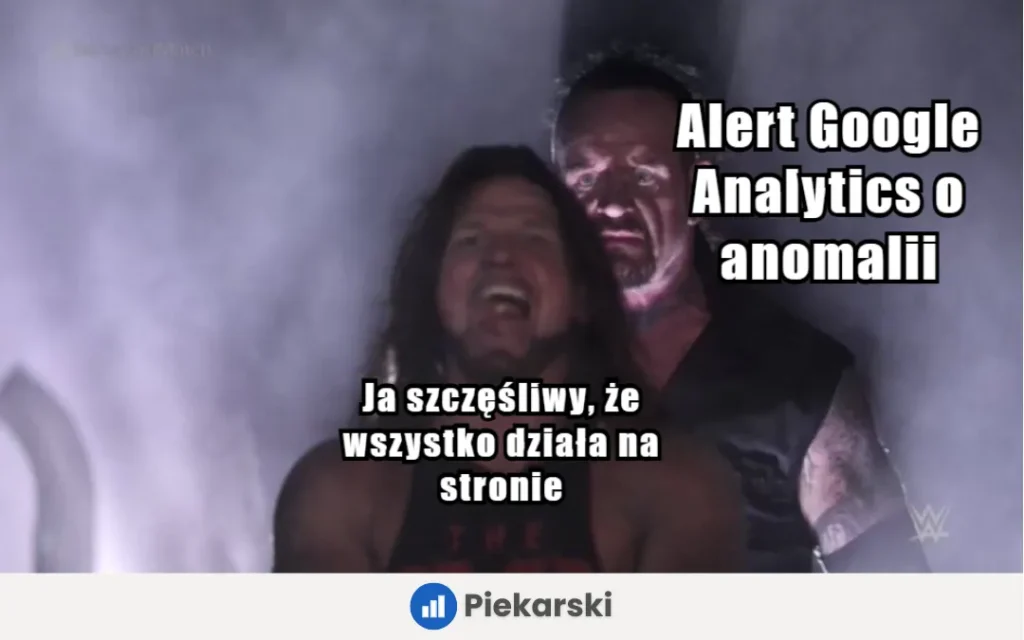 Mem z Undertakerem: nieświadomy marketer kontra alert GA4 o anomalii. Ilustruje błędy w danych mimo działającej strony. Podkreśla wagę audytu, GTM i szczelnej analityki konwersji u Piekarskiego.