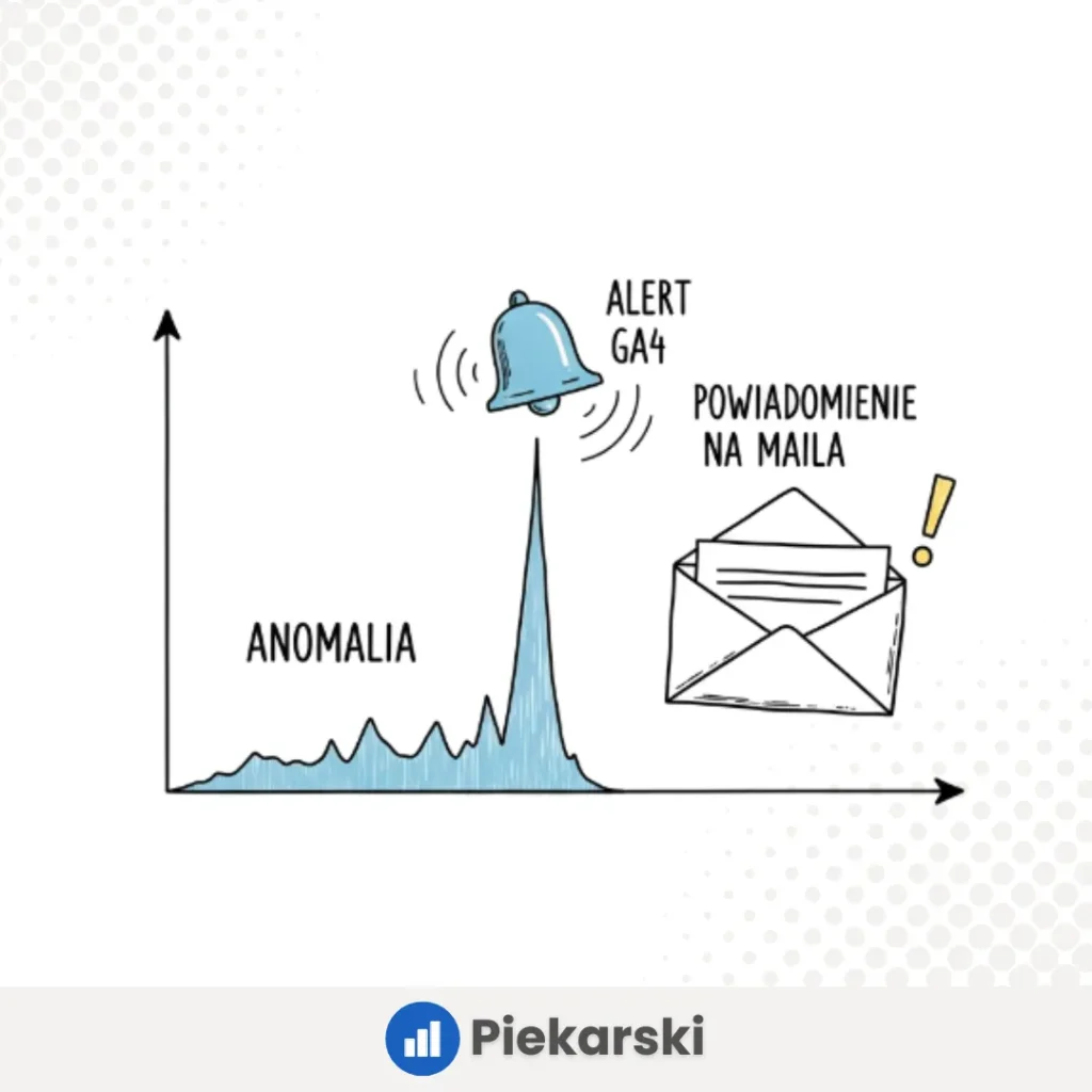 Schemat alertów GA4: wykres z anomalią aktywuje powiadomienie mailowe. Wizualizacja automatycznego monitorowania błędów i spadków konwersji, eliminująca konieczność ręcznego sprawdzania danych.
