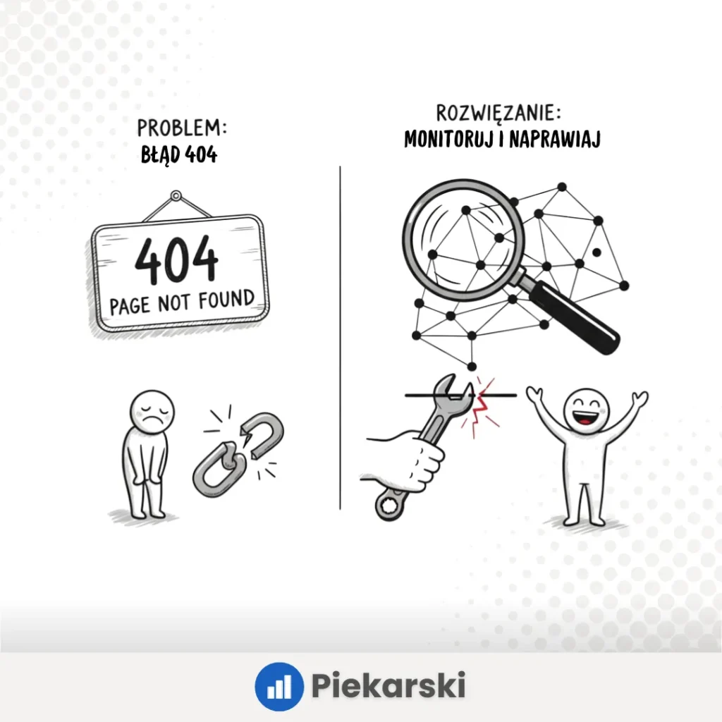 Schemat przedstawiający problem błędów 404 na stronie internetowej oraz rozwiązanie polegające na monitorowaniu tych błędów i ich naprawie