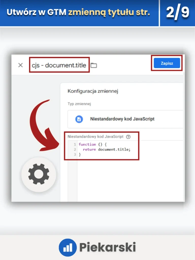 Zrzut ekranu przedstawiający tworzenie zmiennej w Google Tag Manager dotyczącej tytułu strony