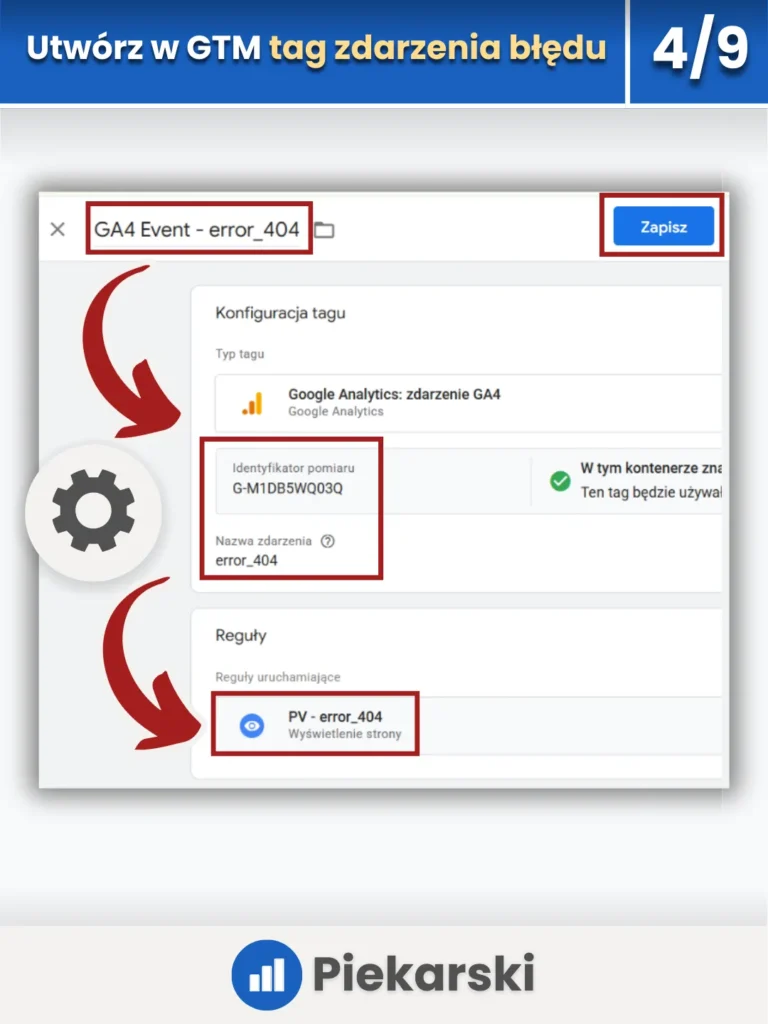 Zrzut ekranu przedstawiający tworzenie tagu zdarzenia błędu 404 w Google Tag Manager