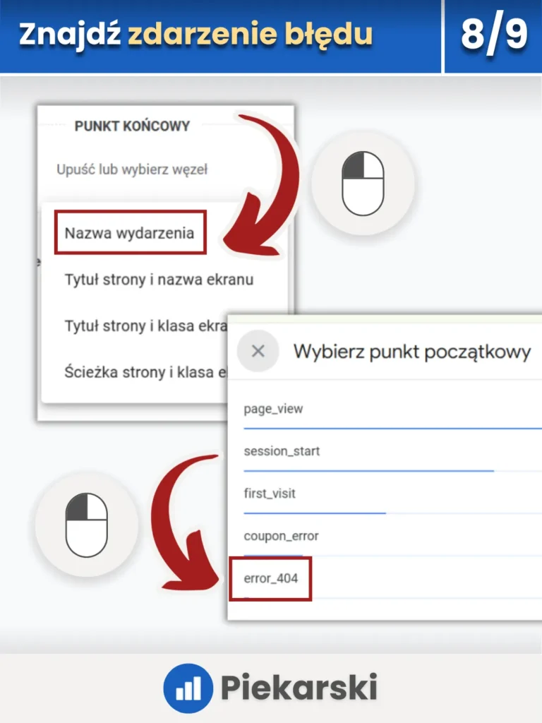 Zrzut ekranu przedstawiający wybór zdarzenia błędu 404 w raporcie eksploracji sekwencji ścieżki