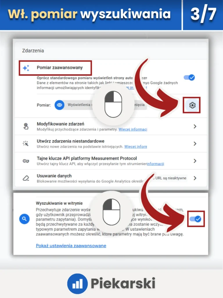Zrzut ekranu przedstawiający włączenie opcji wyszukiwania w witrynie w pomiarach zaawansowanych w Google Analytics 4