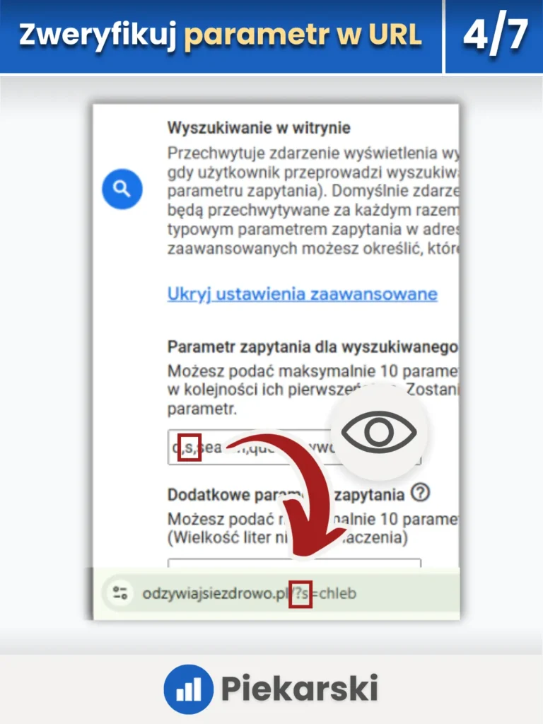 Zrzut ekranu przedstawiający weryfikację parametrów zapytania dla wyszukiwanej frazy w Google Analytics 4