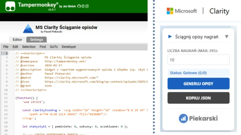 Rzut ekranu przedstawiający wtyczkę do ściągania opisów nagrań z sesji w Microsoft Clarity