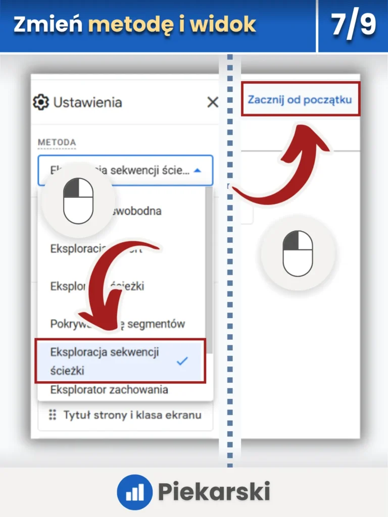 Zrzut ekranu przedstawiający zmianę metody eksploracji na sekwencję ścieżki oraz przycisk „Zacznij od początku”.