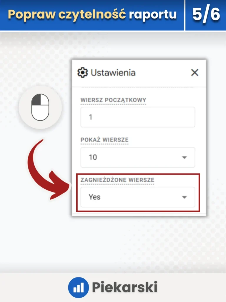 Zrzut ekranu przedstawiający opcje zagnieżdżonych wierszy w raportach eksploracji