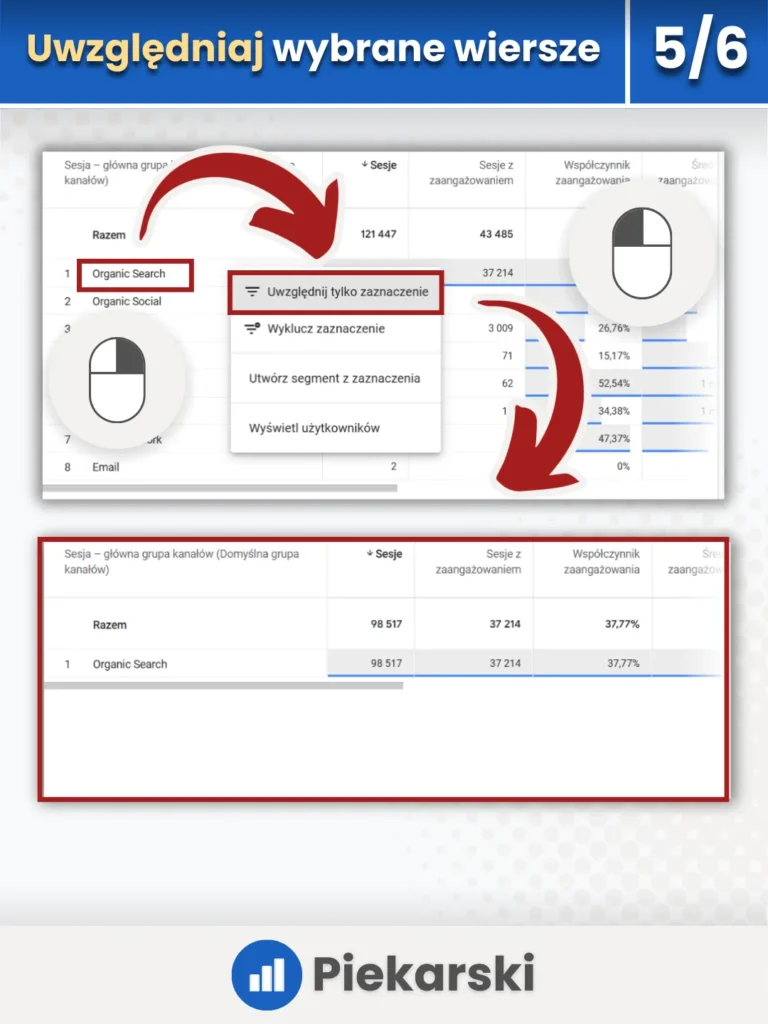 Zrzut ekranu przedstawiający filtrowanie danych w Google Analytics 4
