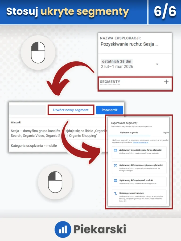 Zrzut ekranu przedstawiający korzystanie z ukrytych, wbudowanych segmentów w Google Analytics
