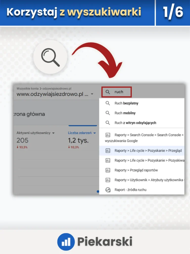 Zrzut ekranu przedstawiający wyszukiwanie raportów w Google Analytics